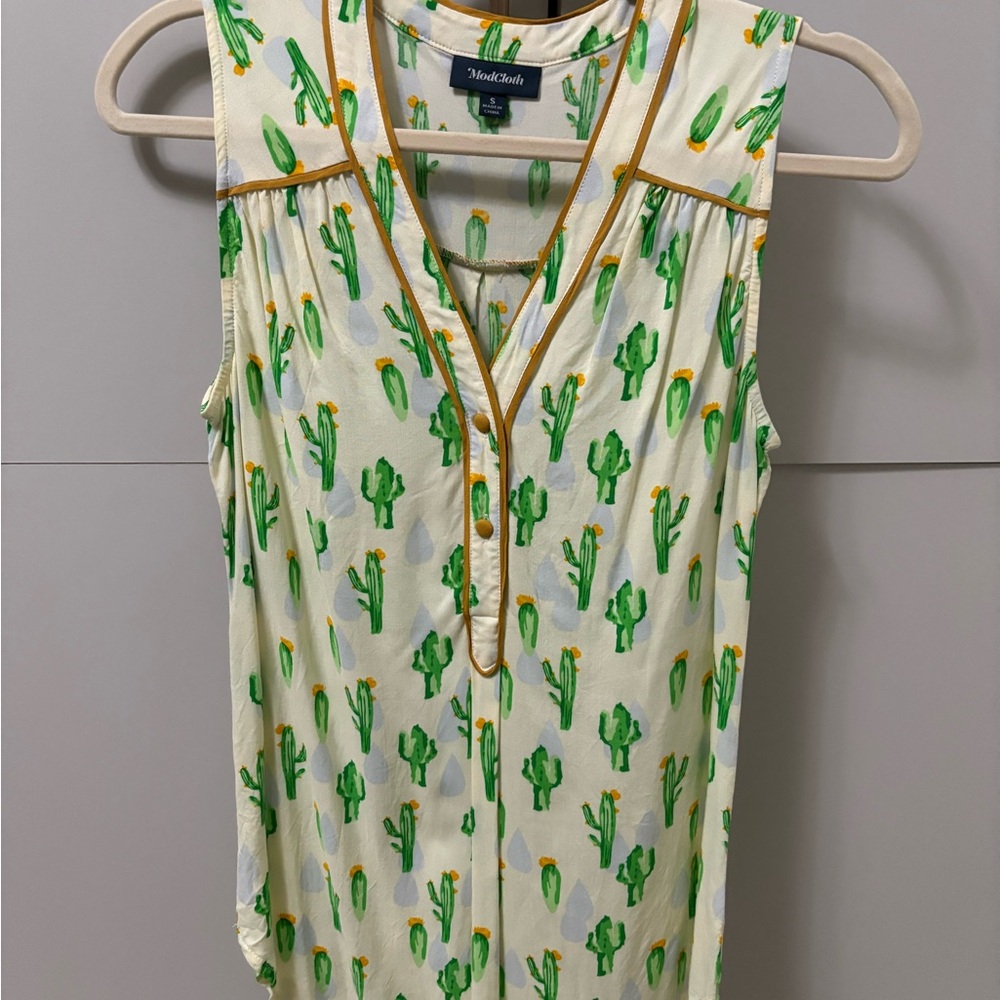 Modcloth Cream and Green Cactus Blouse buttons yellow watercolor